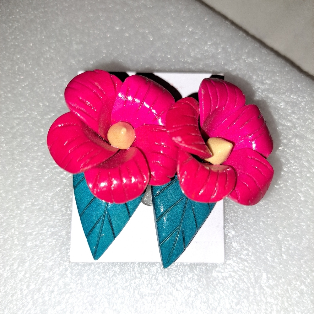 Handmade carved wood flower earrings
